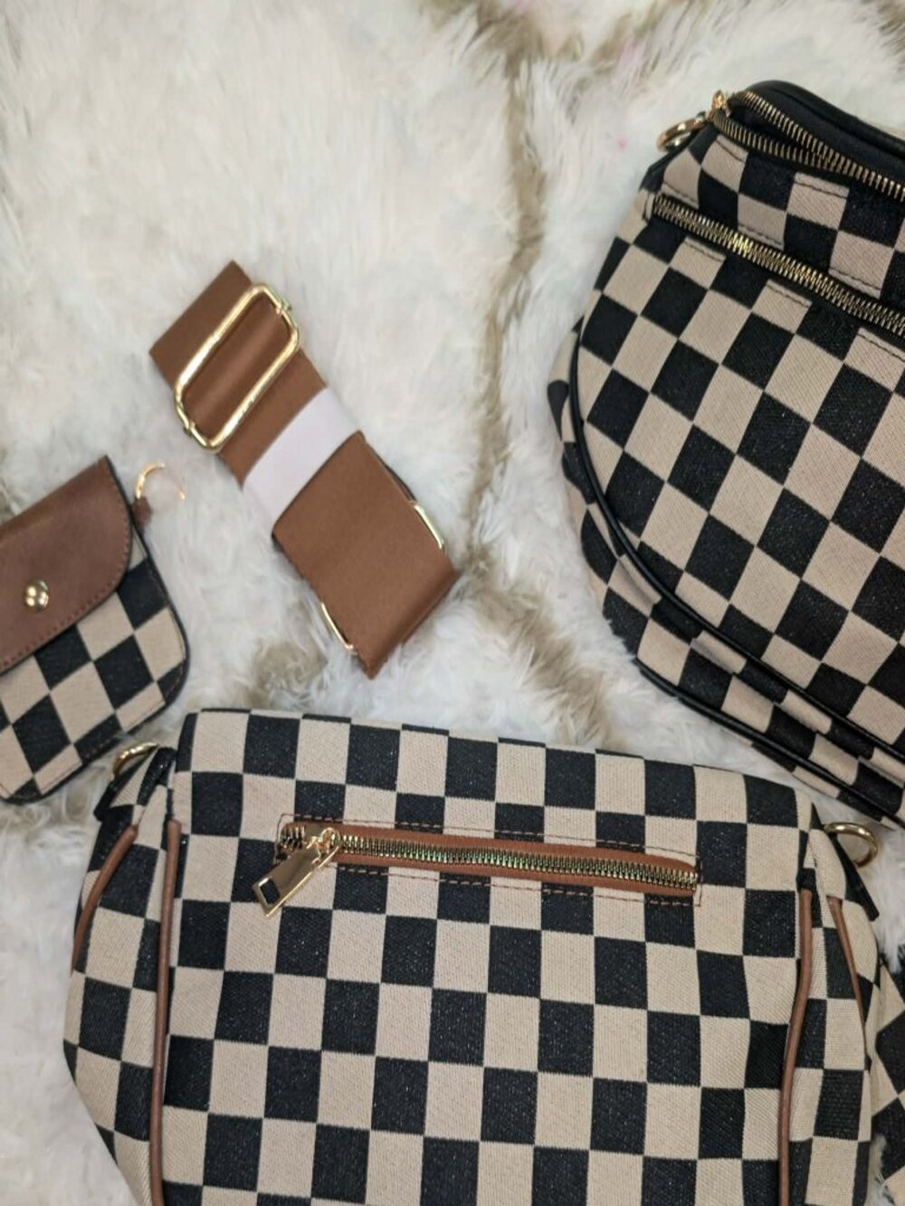 Checkered Crossbody Sling Bag ⚡ Kaylee Belt Bag | Cognac Strap | NWOT - Picture 11 of 12